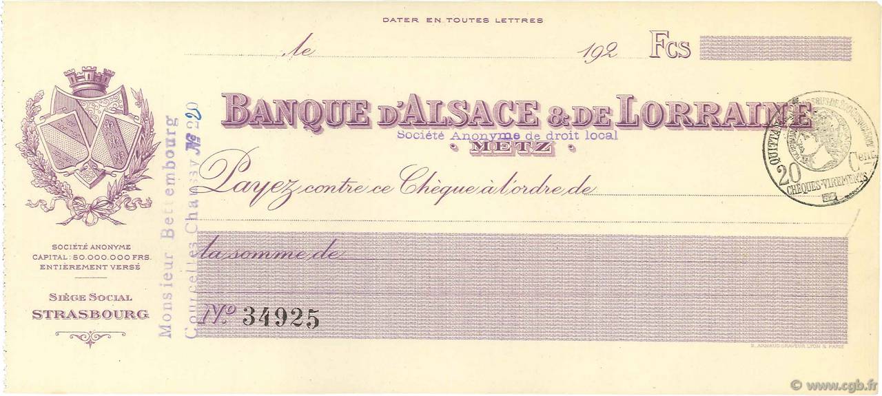Francs FRANCE regionalism and miscellaneous Metz 1920 DOC.Chèque XF