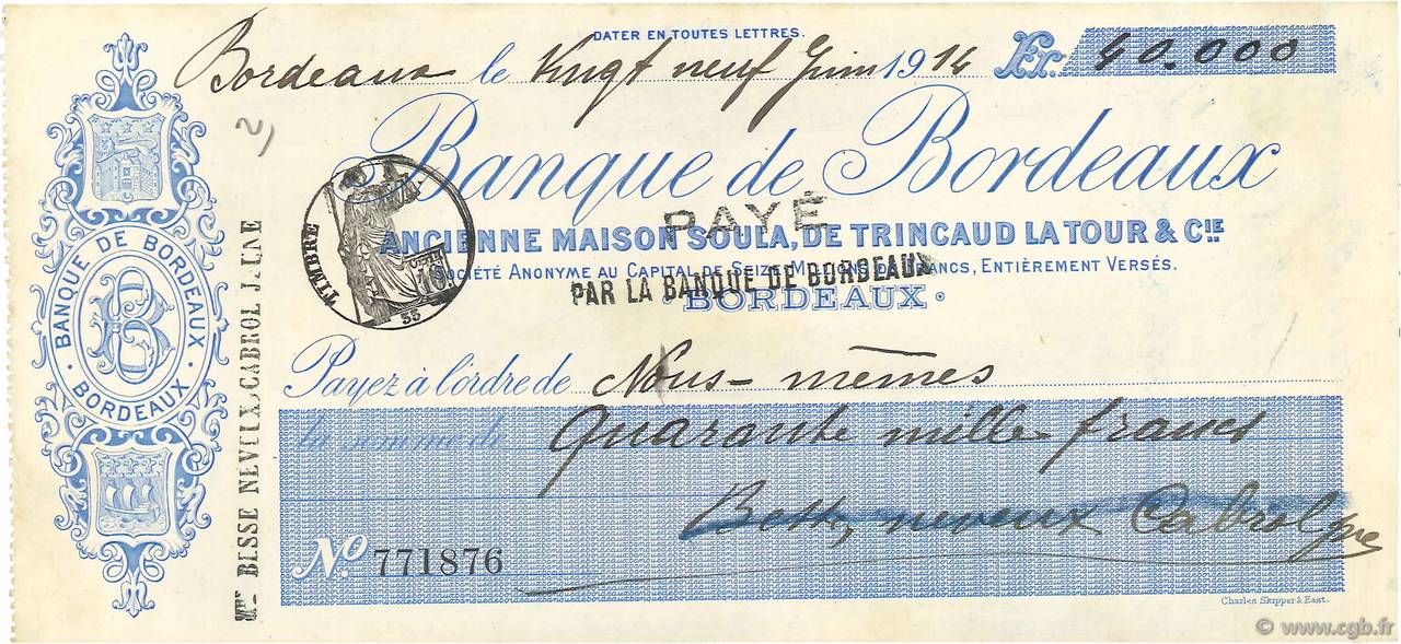 40000 Francs FRANCE regionalismo e varie Bordeaux 1914 DOC.Chèque SPL
