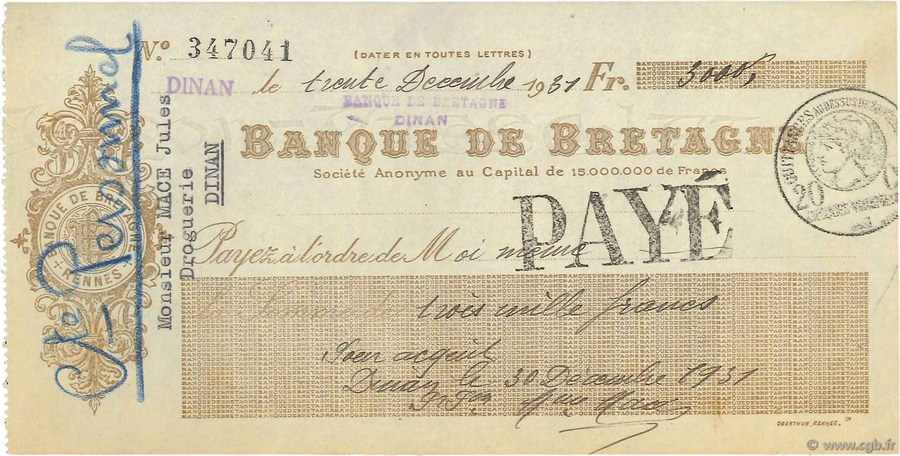 3000 Francs FRANCE regionalism and miscellaneous Dinan 1931 DOC.Chèque VF