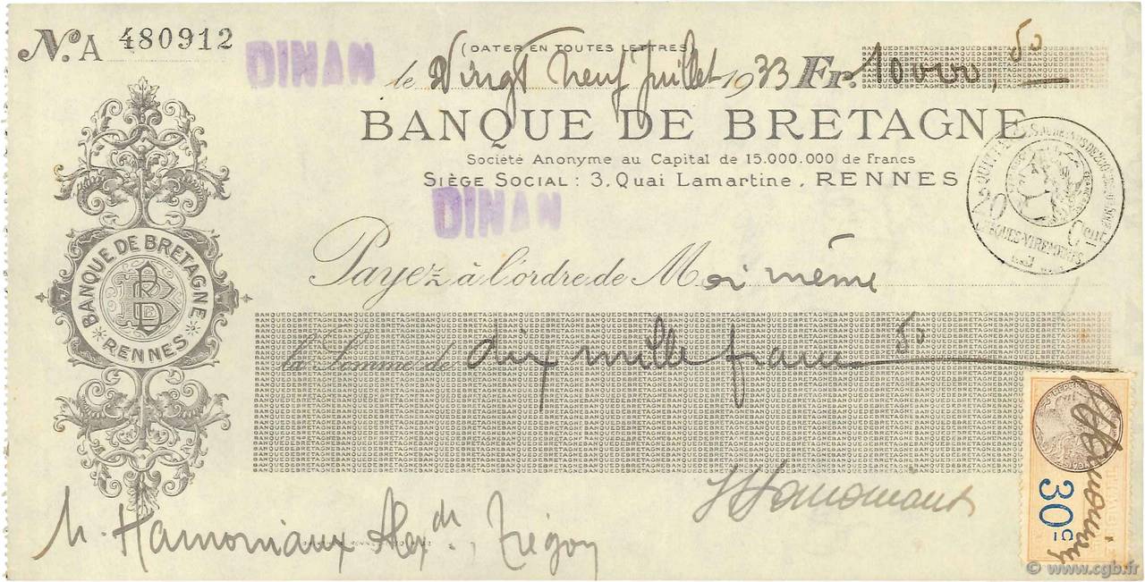 10000,50 Francs FRANCE regionalism and miscellaneous Dinan 1933 DOC.Chèque XF