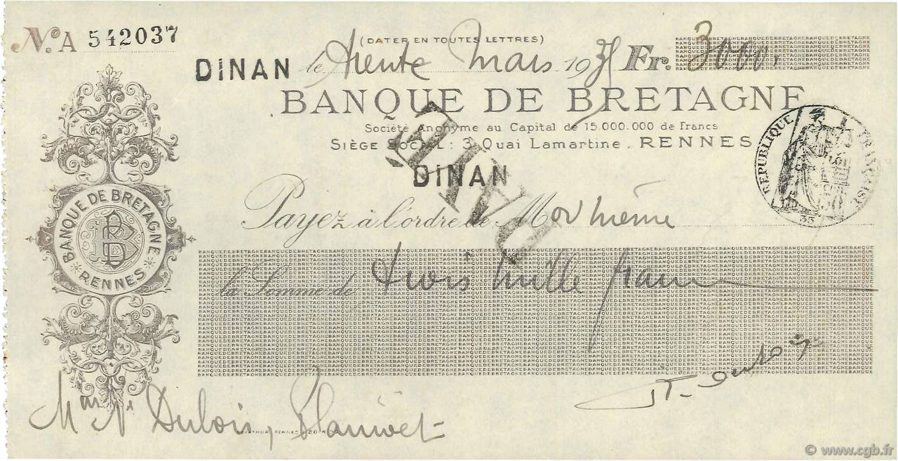 3000 Francs FRANCE regionalismo e varie Dinan 1939 DOC.Chèque SPL