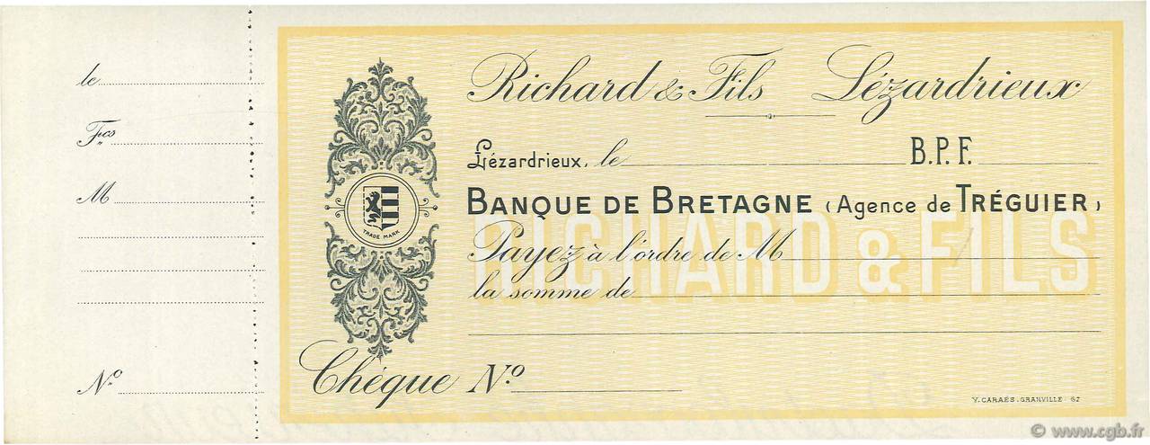 Francs FRANCE regionalismo y varios Lézardrieux 1930 DOC.Chèque SC