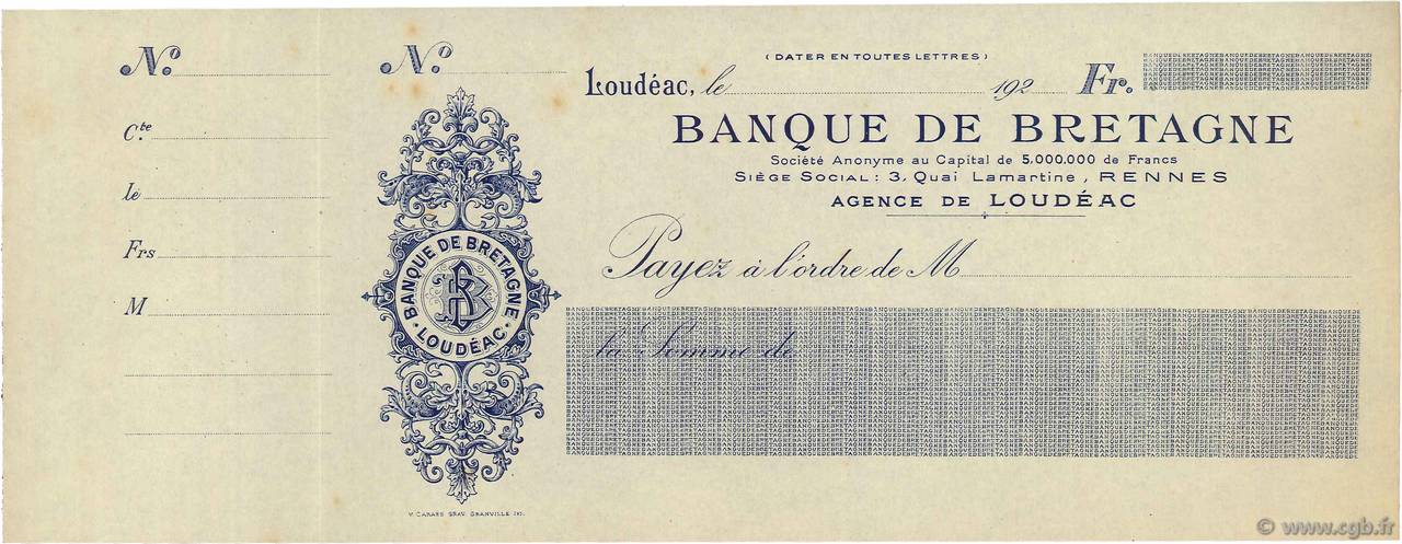Francs FRANCE regionalismo y varios Loudéac 1920 DOC.Chèque SC