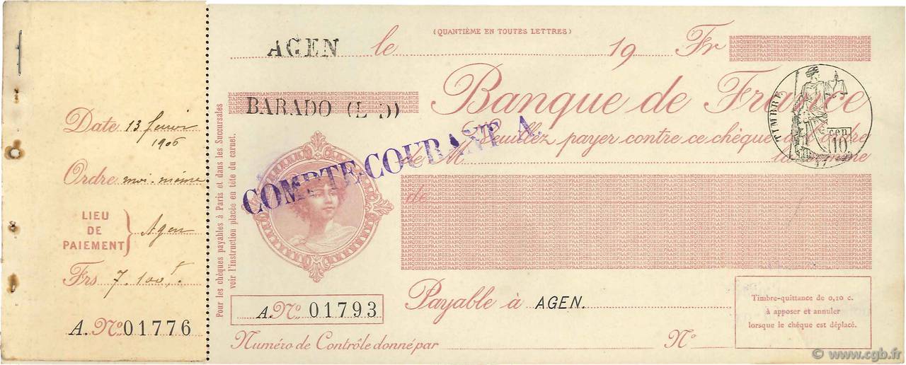 Francs FRANCE regionalismo y varios Agen 1906 DOC.Chèque SC