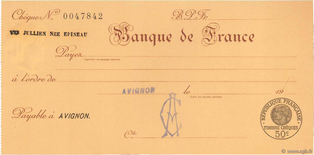 Francs FRANCE regionalismo y varios Avignon 1932 DOC.Chèque FDC