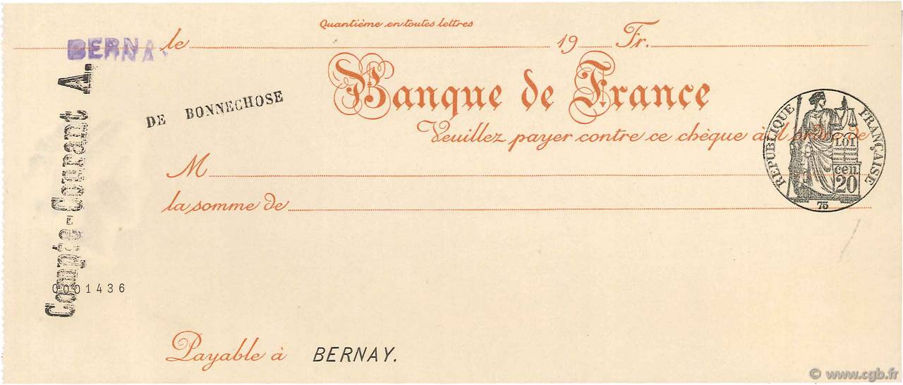 Francs FRANCE regionalismo e varie Bernay 1924 DOC.Chèque AU