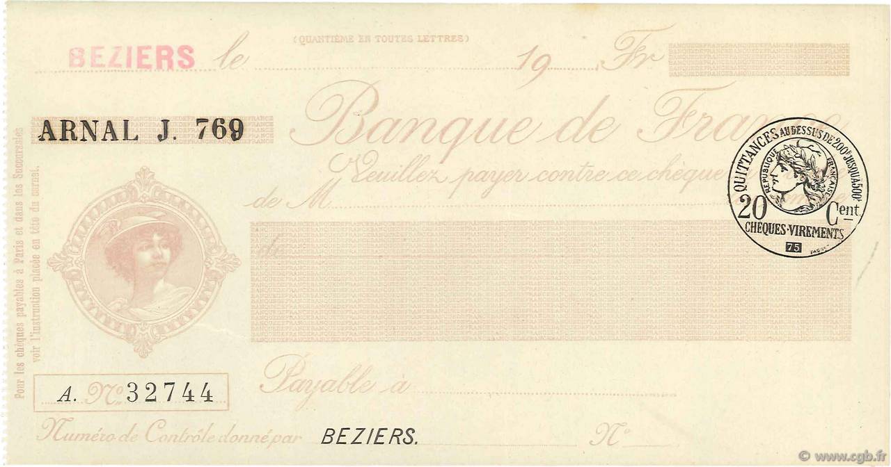 Francs FRANCE regionalism and various Béziers 1915 DOC.Chèque XF