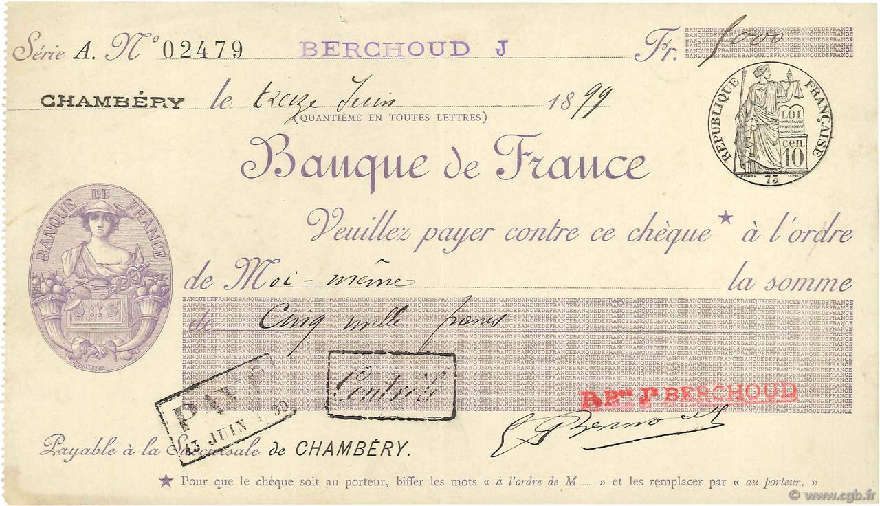 5000 Francs FRANCE regionalismo y varios Chambéry 1899 DOC.Chèque EBC
