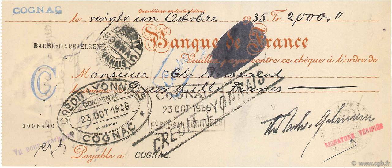 2000 Francs FRANCE regionalismo y varios Cognac 1935 DOC.Chèque EBC