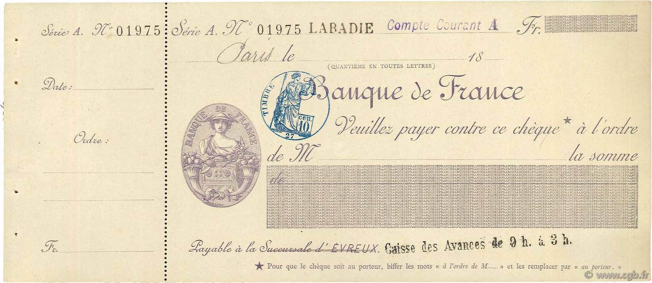 Francs FRANCE regionalismo e varie Évreux 1871 DOC.Chèque SPL