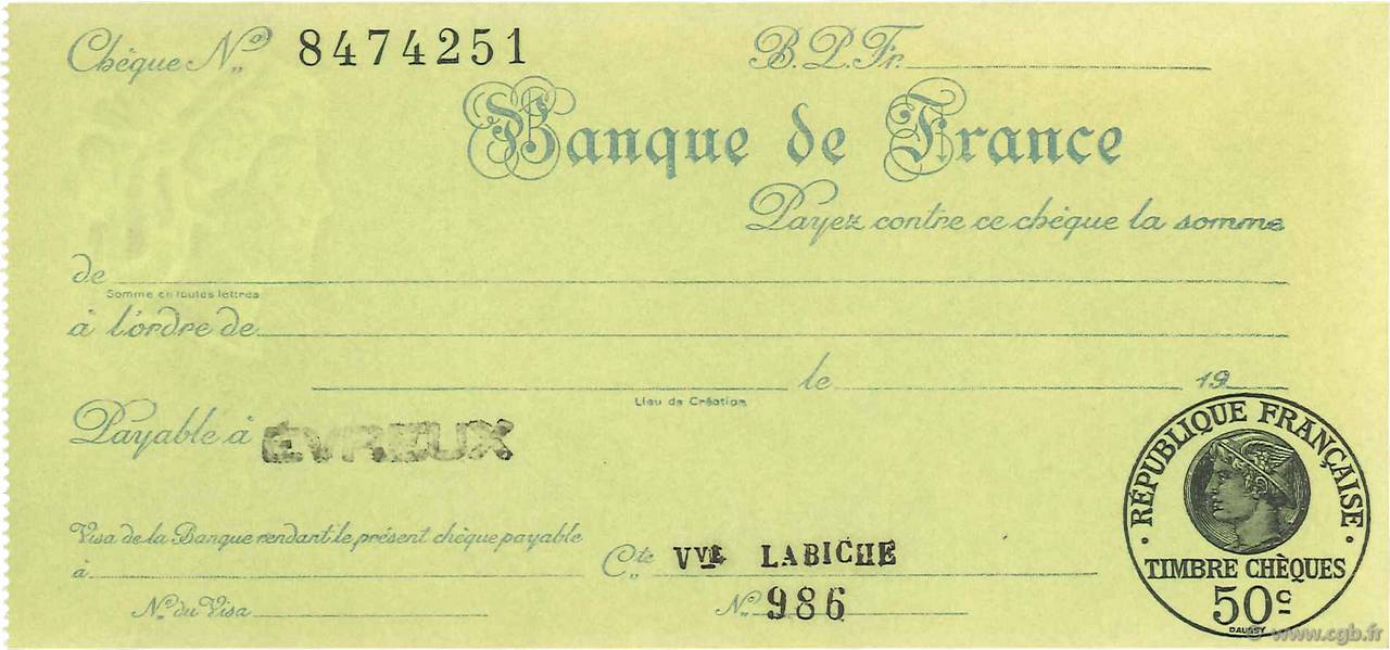 Francs FRANCE regionalismo y varios Évreux 1932 DOC.Chèque EBC