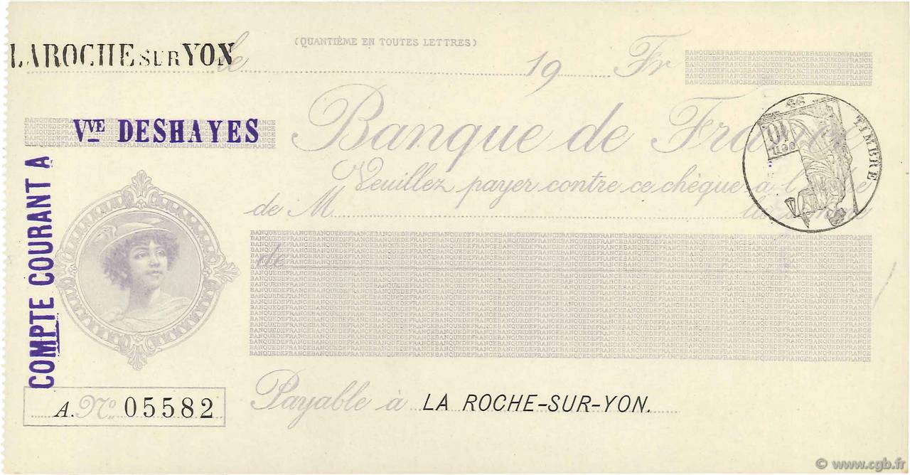 Francs FRANCE regionalism and various La Roche-Sur-Yon 1871 DOC.Chèque AU
