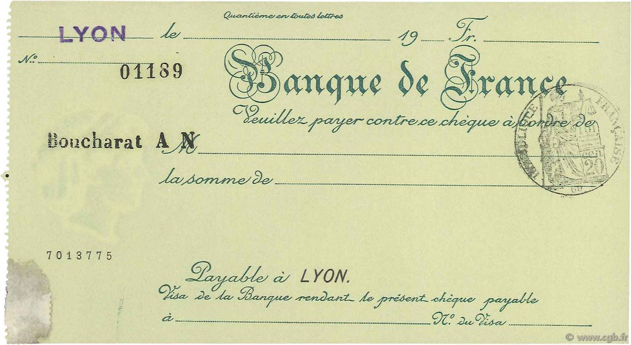 Francs FRANCE Regionalismus und verschiedenen Lyon 1924 DOC.Chèque fST