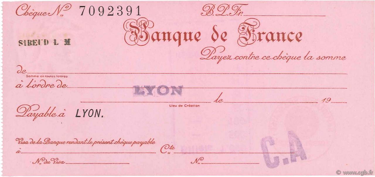 Francs FRANCE regionalism and miscellaneous Lyon 1932 DOC.Chèque UNC
