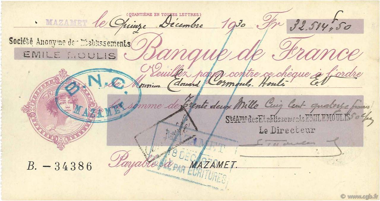 32515,50 Francs FRANCE regionalismo e varie Mazamet 1930 DOC.Chèque SPL