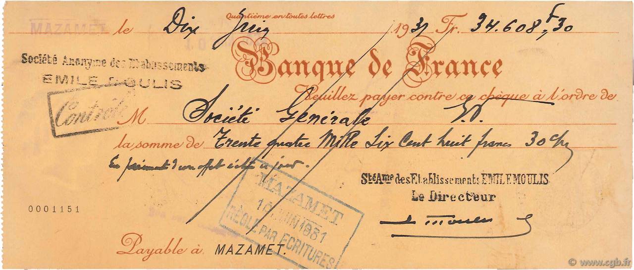 34608,30 Francs FRANCE regionalismo y varios Mazamet 1931 DOC.Chèque MBC