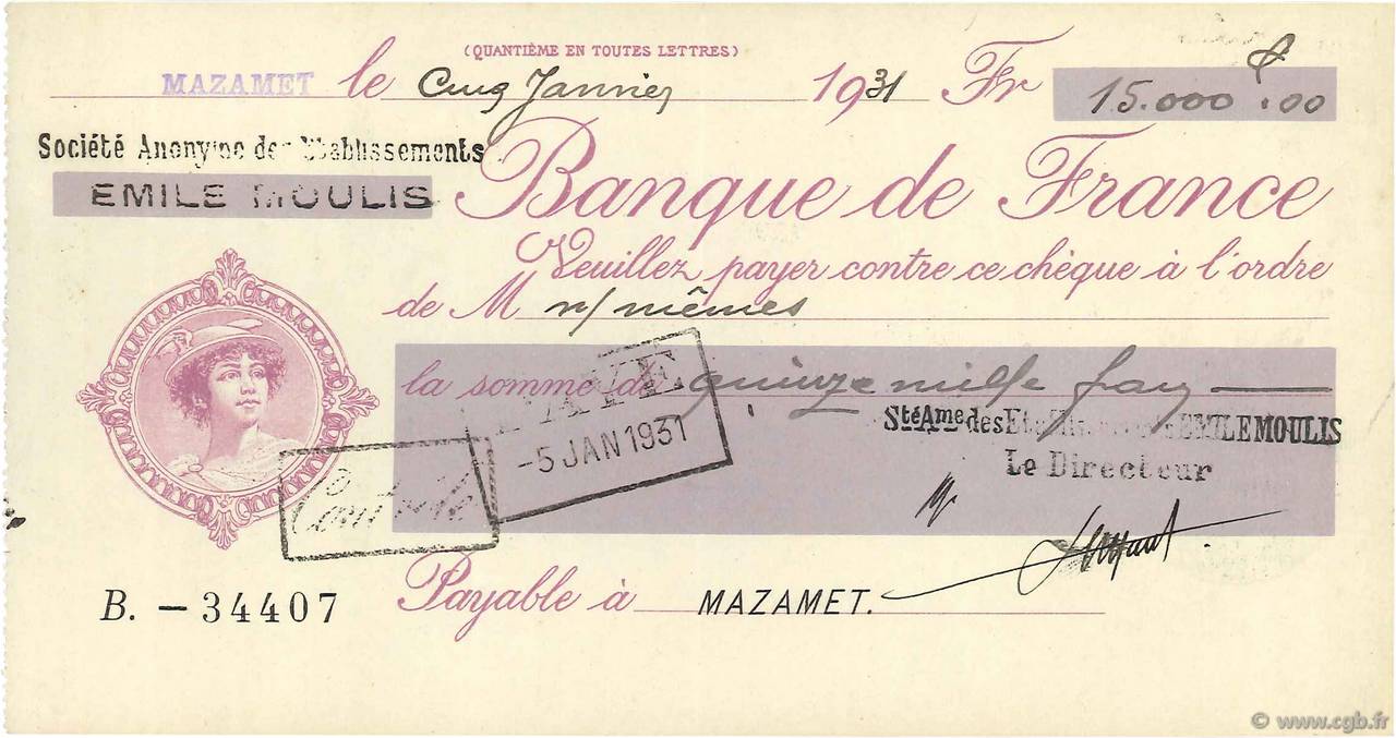 15000 Francs FRANCE regionalismo y varios Mazamet 1931 DOC.Chèque SC