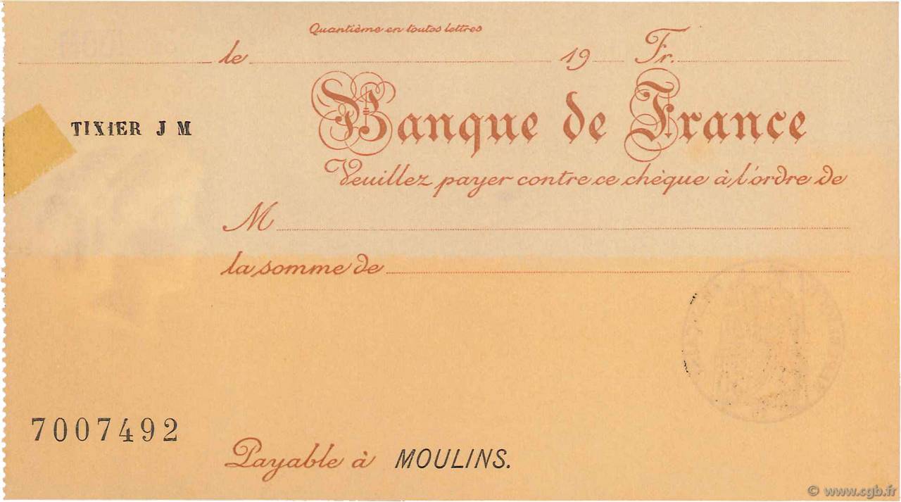 Francs FRANCE regionalism and various Moulins 1933 DOC.Chèque XF