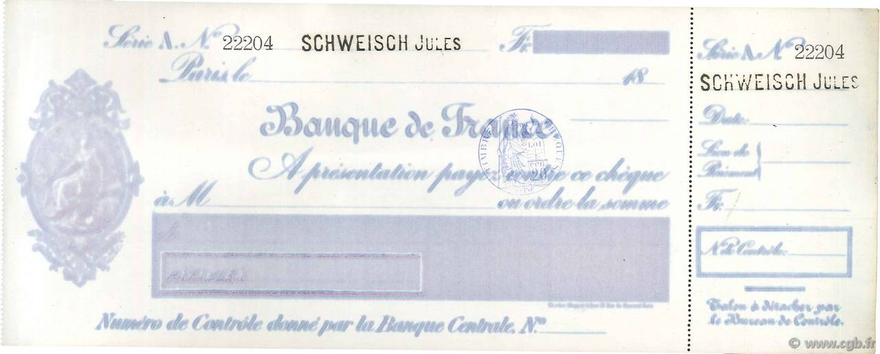 Francs FRANCE regionalismo y varios Paris 1875 DOC.Chèque EBC