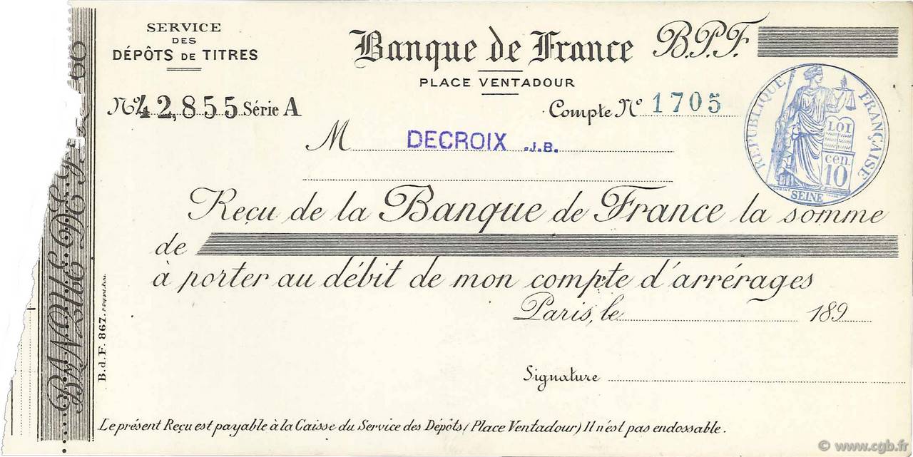 Francs FRANCE Regionalismus und verschiedenen Paris 1890 DOC.Reçu VZ