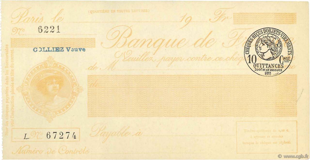 Francs FRANCE Regionalismus und verschiedenen Paris 1915 DOC.Chèque VZ