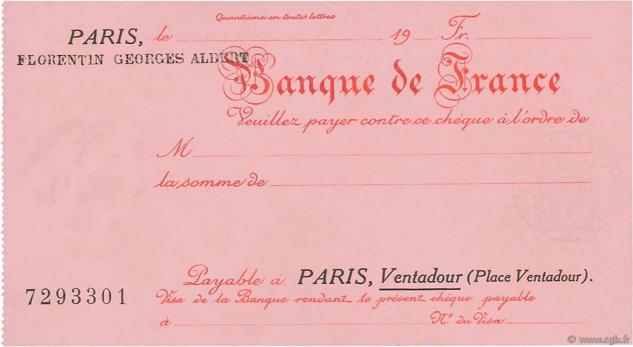 Francs FRANCE regionalism and various Paris 1924 DOC.Chèque AU