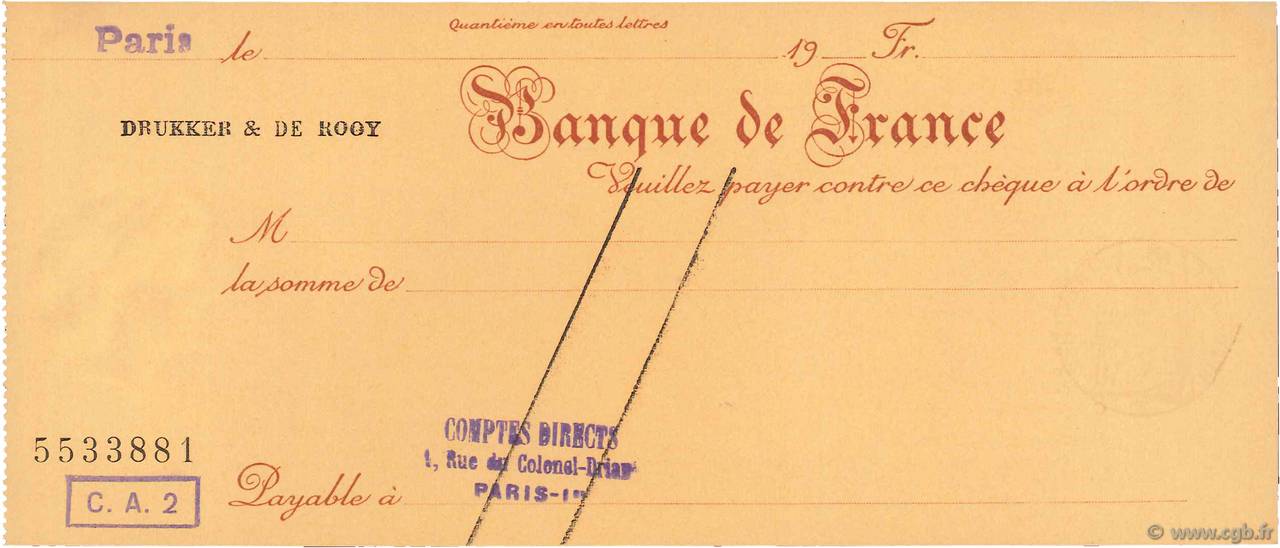 Francs FRANCE Regionalismus und verschiedenen Paris 1933 DOC.Chèque ST