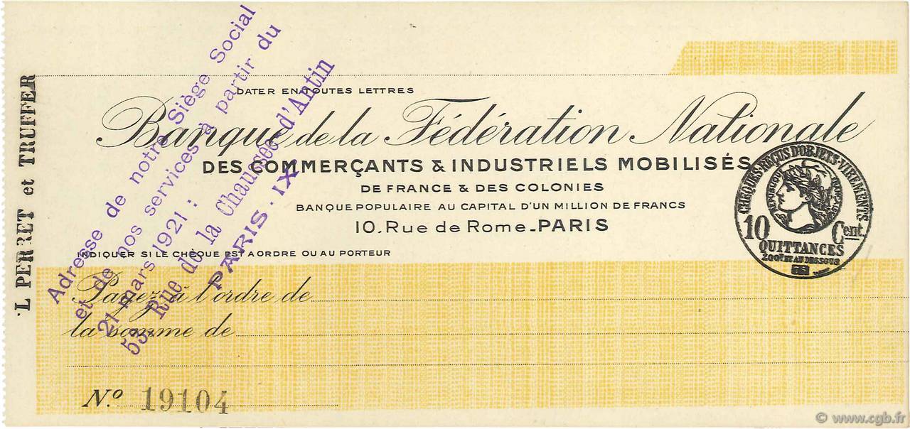 Francs FRANCE regionalism and miscellaneous Paris 1915 DOC.Chèque UNC