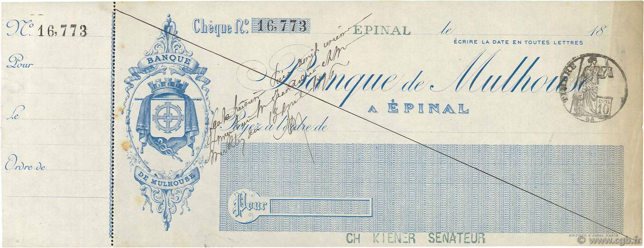 Francs FRANCE regionalism and various Épinal 1896 DOC.Chèque XF