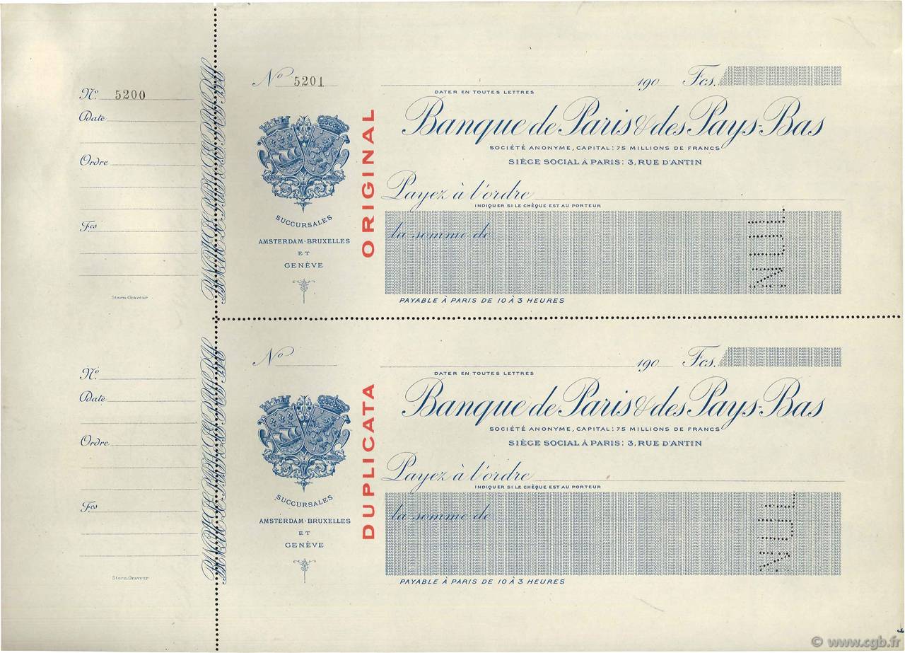 Francs Planche FRANCE regionalismo y varios Paris 1900 DOC.Chèque EBC
