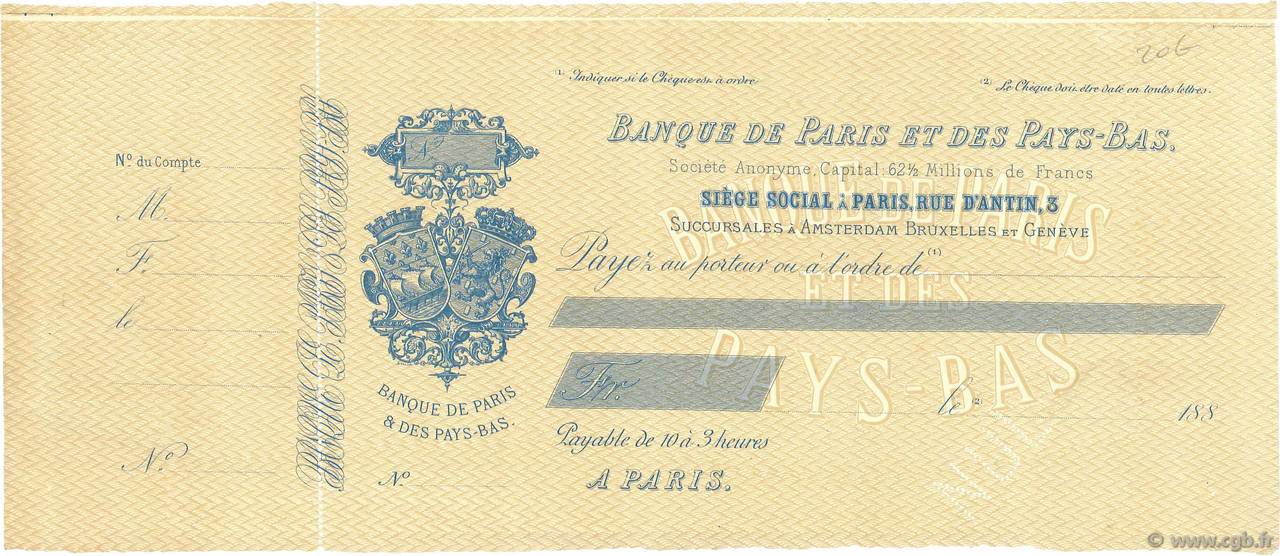 Francs Non émis FRANCE regionalism and various Paris 1880 DOC.Chèque XF