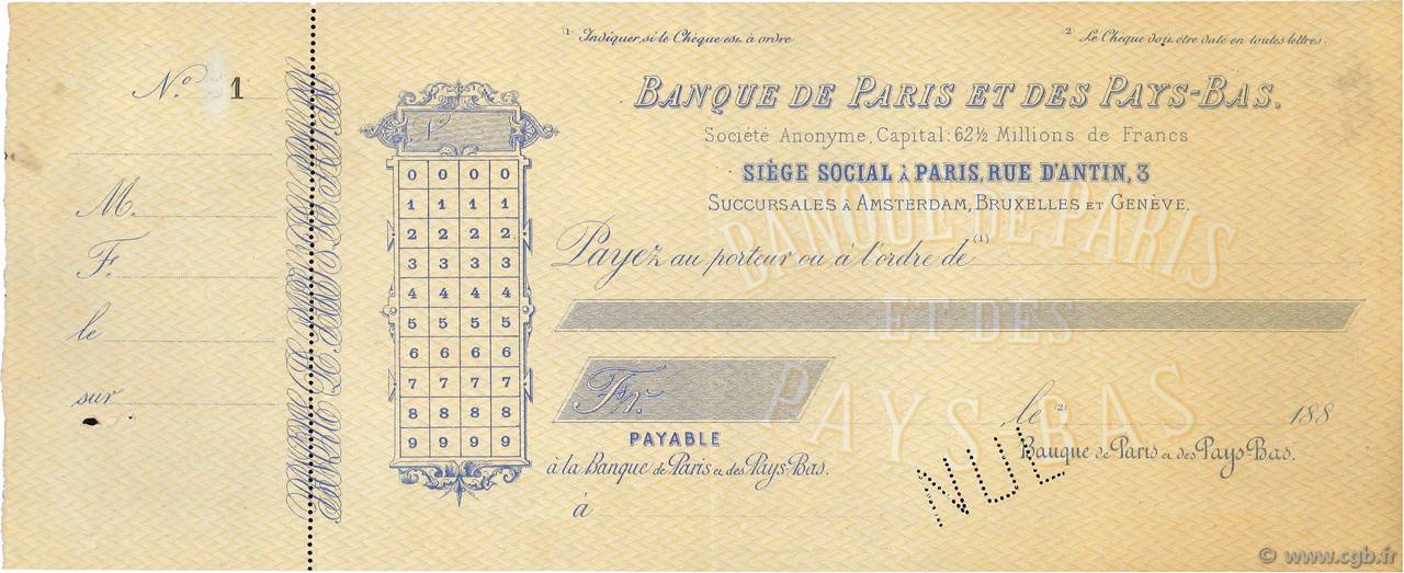 Francs Non émis FRANCE regionalism and miscellaneous Paris 1880 DOC.Chèque VF