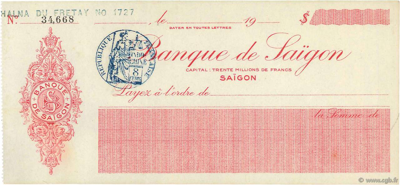 Dollars FRANCE regionalism and miscellaneous Saïgon 1926 DOC.Chèque XF