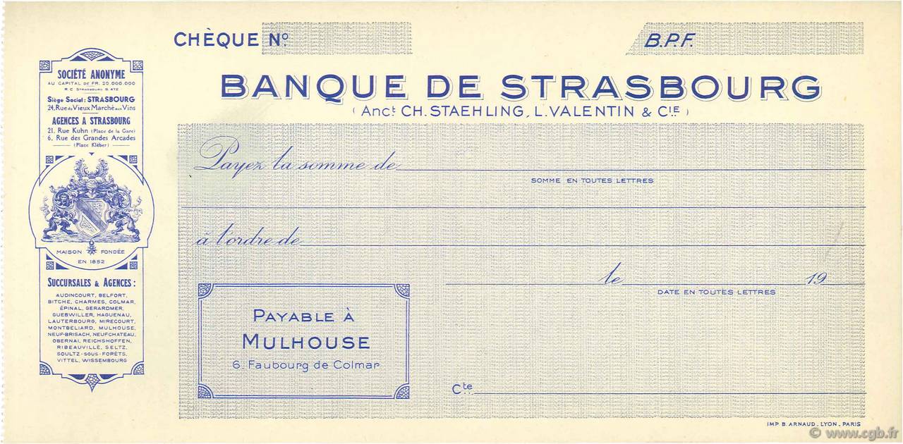 Francs FRANCE Regionalismus und verschiedenen Mulhouse 1910 DOC.Chèque ST