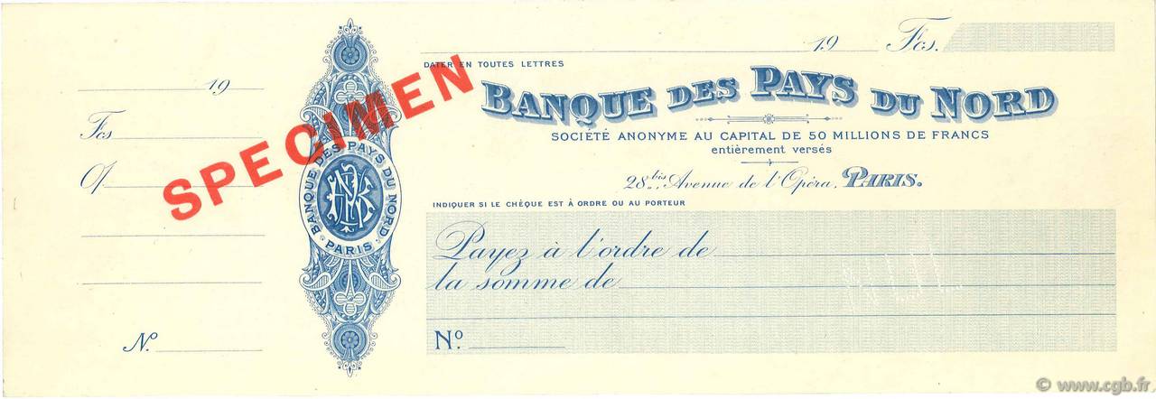 Francs Spécimen FRANCE regionalismo e varie Paris 1911 DOC.Chèque AU