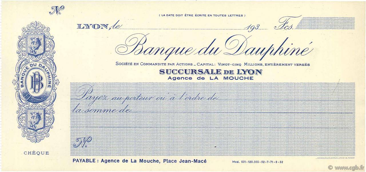 Francs FRANCE regionalism and miscellaneous Lyon 1930 DOC.Chèque AU