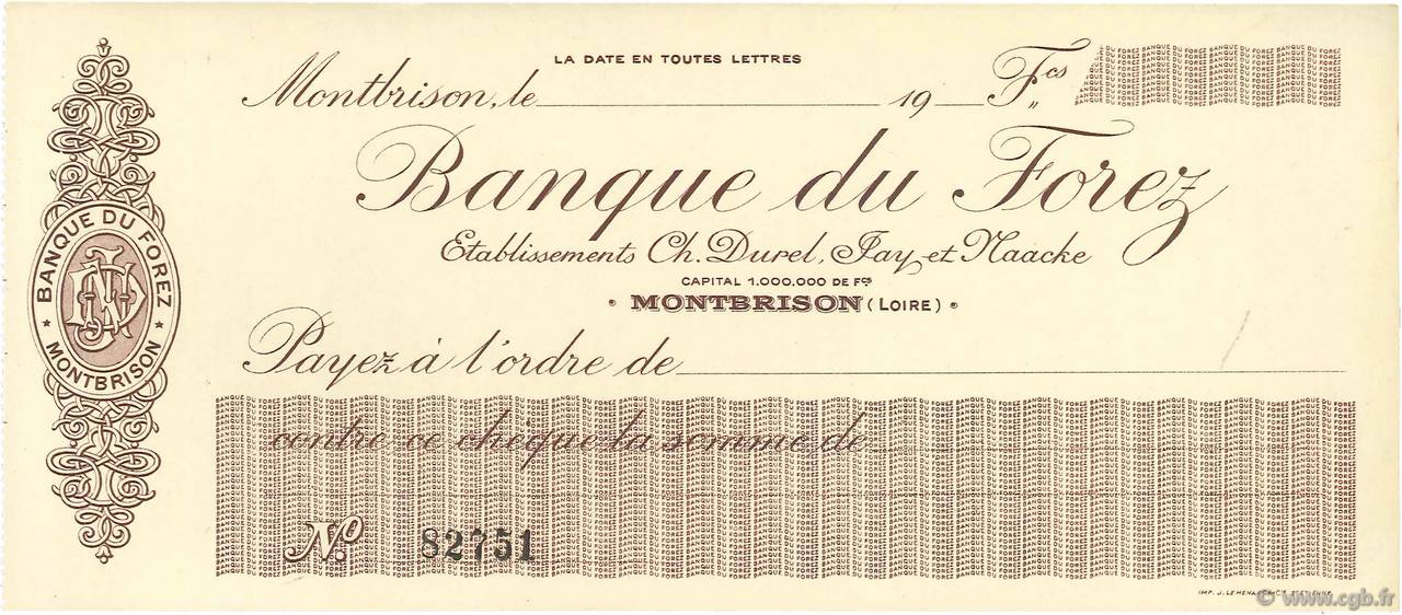 Francs FRANCE Regionalismus und verschiedenen Montbrison 1906 DOC.Chèque fST