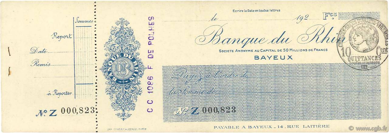 Francs FRANCE regionalism and miscellaneous Bayeux 1920 DOC.Chèque XF
