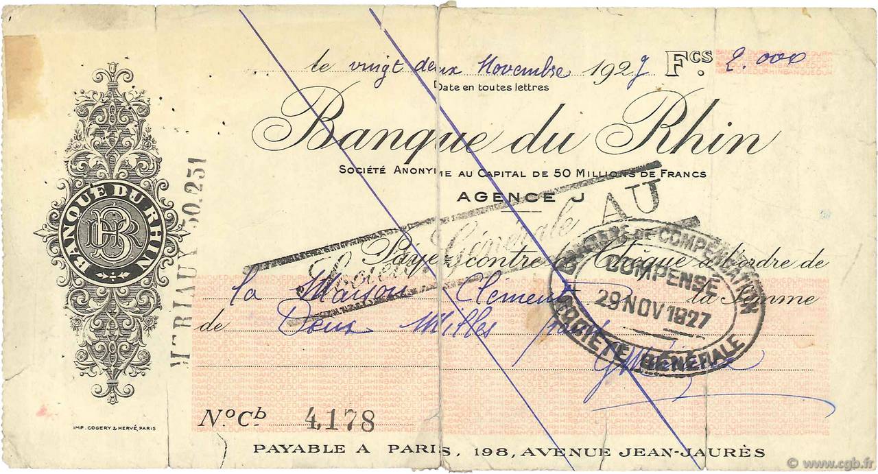 2000 Francs FRANCE regionalismo e varie Paris 1927 DOC.Chèque B