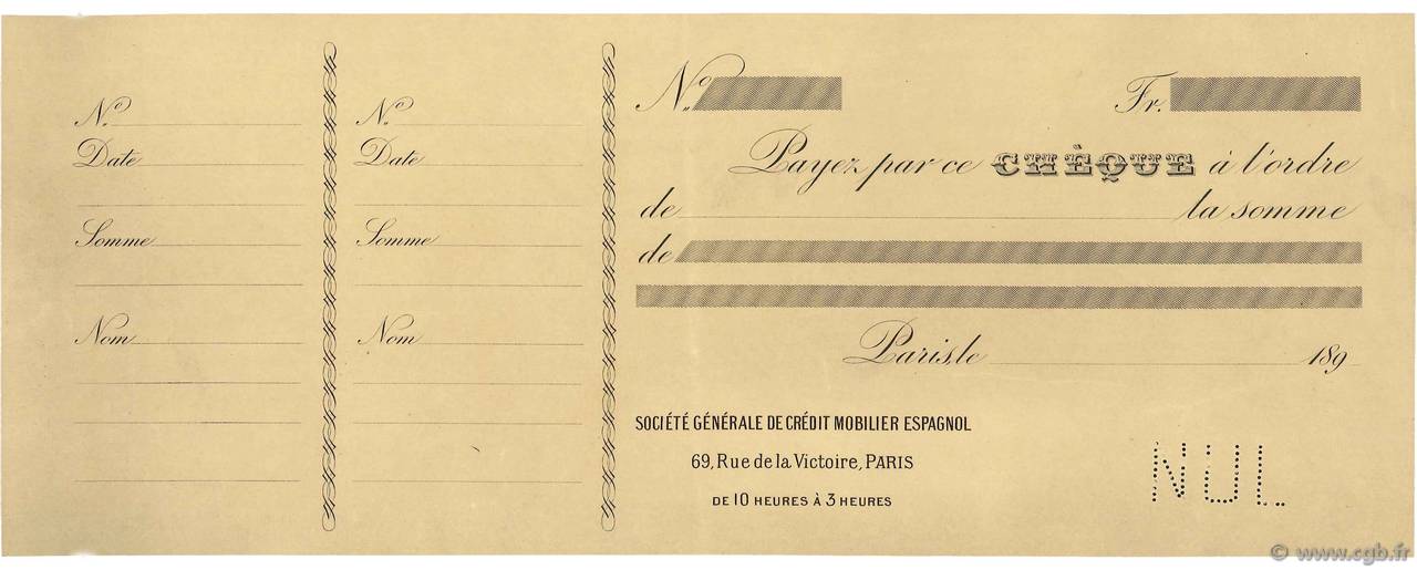 Francs Non émis FRANCE regionalismo e varie Paris 1890 DOC.Chèque SPL