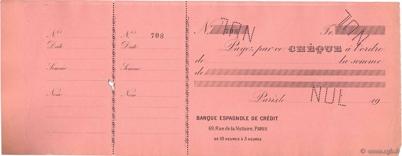 Francs Non émis FRANCE regionalism and miscellaneous Paris 1900 DOC.Chèque VF