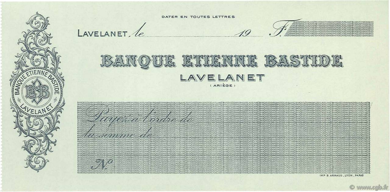 Francs FRANCE regionalismo y varios Lavelanet 1926 DOC.Chèque SC