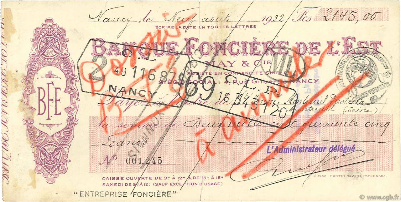 2145 Francs FRANCE regionalism and various Nancy 1932 DOC.Chèque F