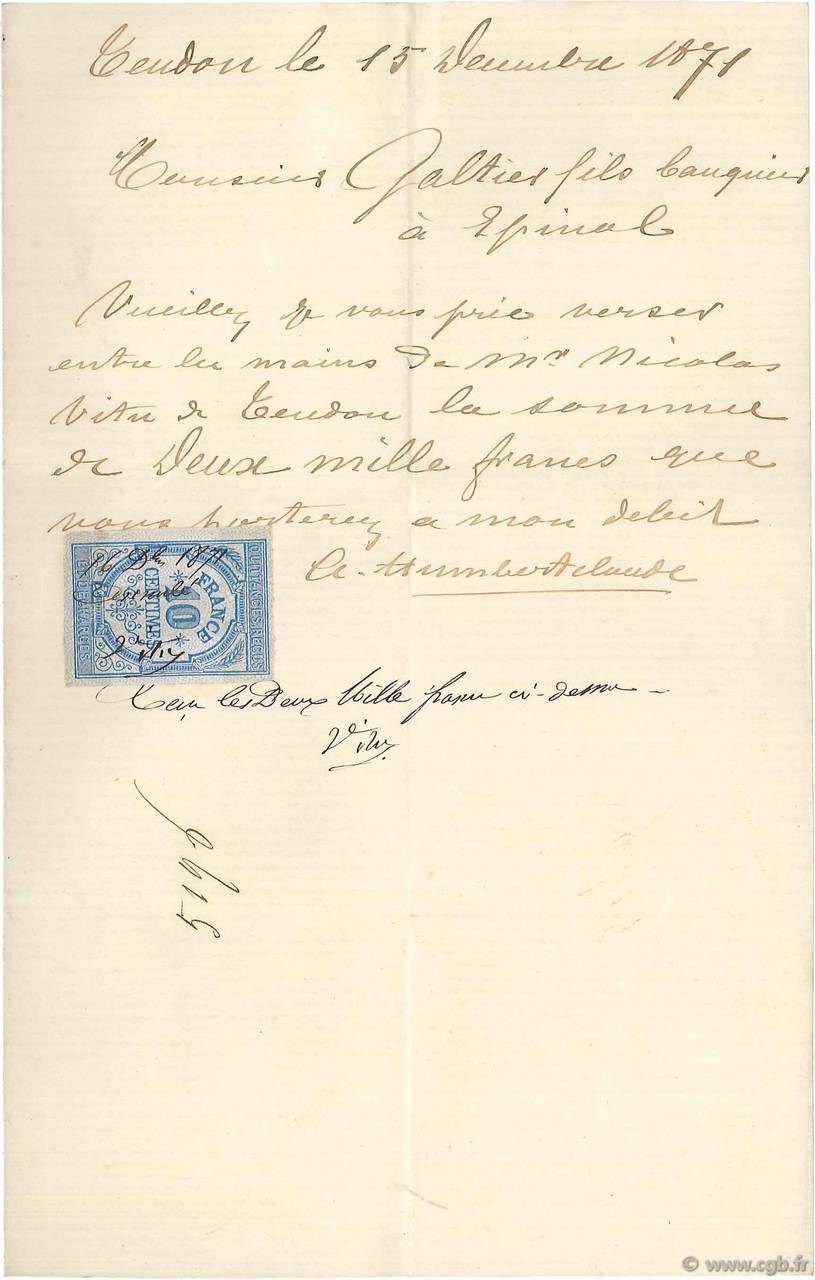 2000 Francs FRANCE regionalism and miscellaneous Tendon 1871 DOC.Lettre VF