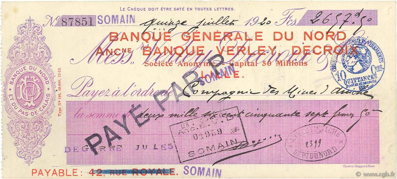 2657,50 Francs FRANCE regionalismo y varios Lille 1920 DOC.Chèque EBC