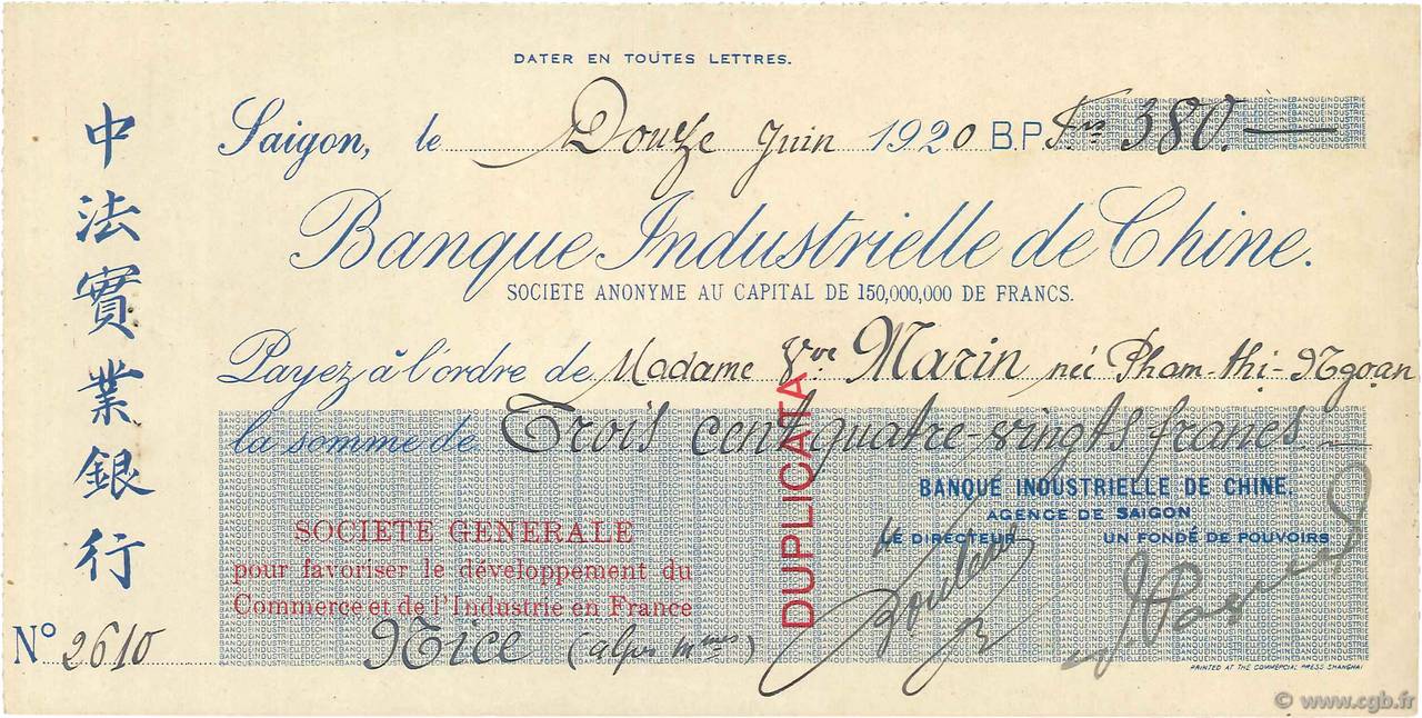 380 Francs FRANCE regionalism and miscellaneous Paris 1920 DOC.Chèque XF