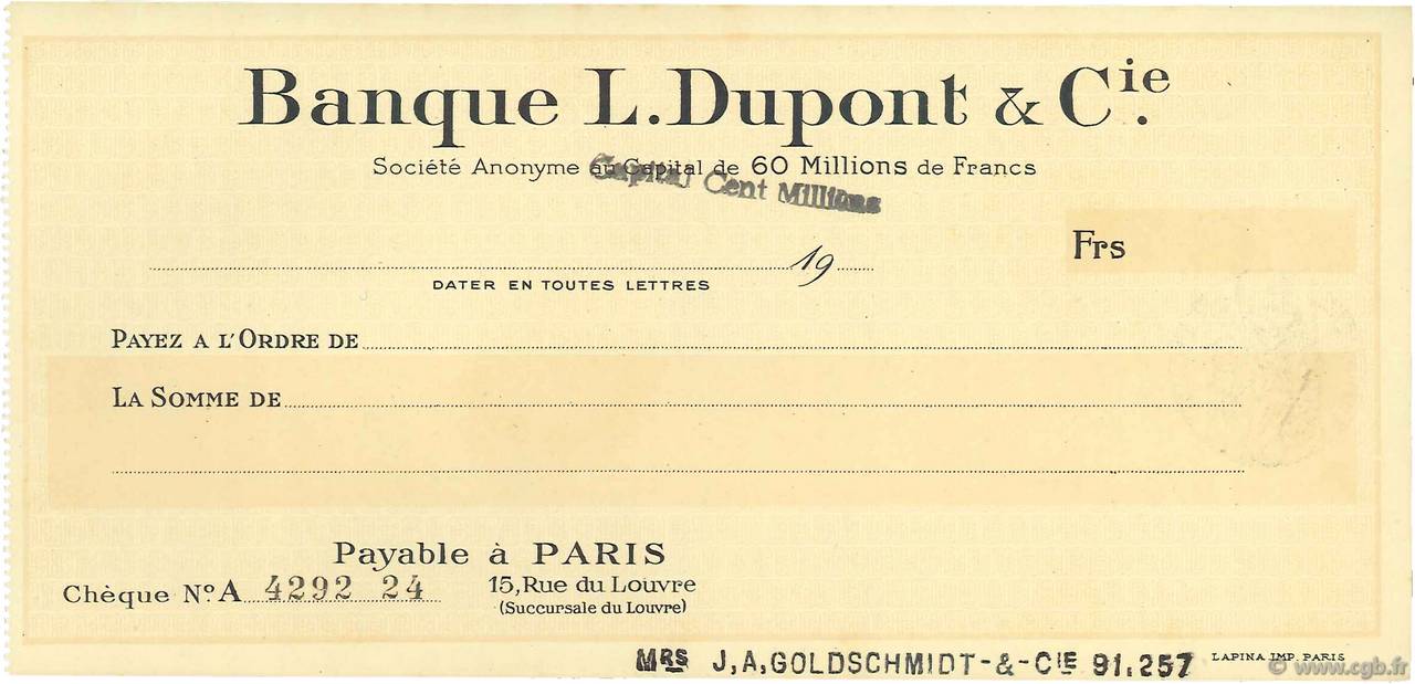 Francs FRANCE regionalism and miscellaneous Paris 1913 DOC.Chèque UNC