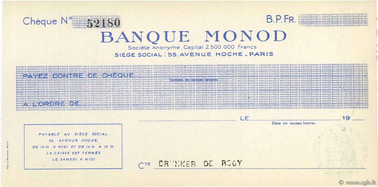 Francs FRANCE regionalism and miscellaneous Paris 1937 DOC.Chèque AU