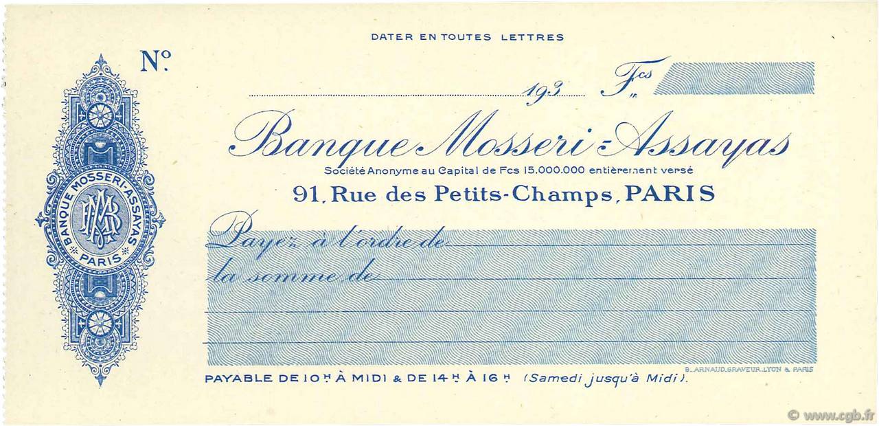 Francs FRANCE regionalismo e varie Paris 1930 DOC.Chèque FDC