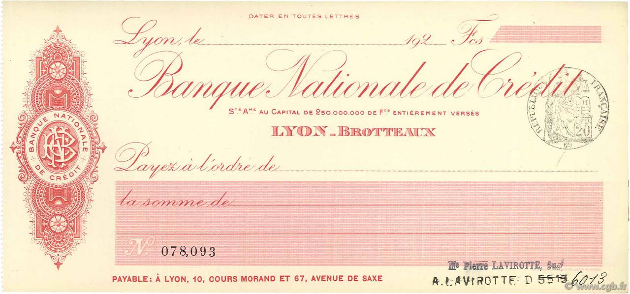Francs FRANCE Regionalismus und verschiedenen Lyon 1924 DOC.Chèque ST